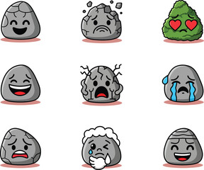 Fototapeta premium Charming cartoon rock character set, each displaying unique emotions and expressive faces, illustrating happiness, sadness, anger, and love for playful designs and emotional communication