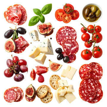 Assortment of gourmet italian antipasto ingredients isolated on a solid purple background, perfect for culinary marketing and recipe sites