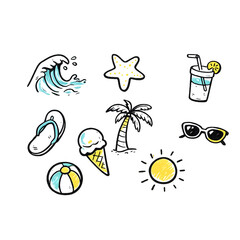 Summer Doodle Icon Set &mdash; hand drawn summer vacation and beach symbols in fun sketch style, transparent background
