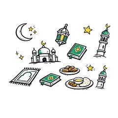 Ramadan Doodle Icon Set &mdash; hand drawn islamic religious symbols in decorative sketch style, transparent background
