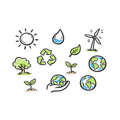 Environment Doodle Icon Set &mdash; hand drawn eco friendly nature and sustainability symbols in sketch style, transparent background
