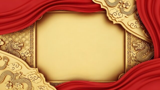 Elegant gold frame with red silk and dragon designs