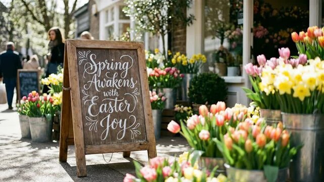 Spring awakens with Easter joy chalkboard sign in front of a flower shop, with various tulips and daffodils in bloom