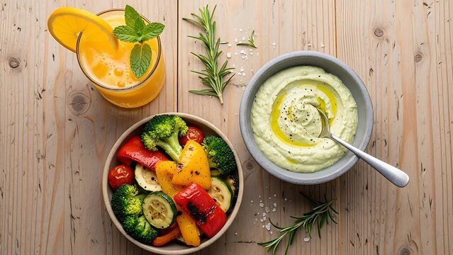 Bright and colorful veggie bowl with dip and vibrant orange juice display