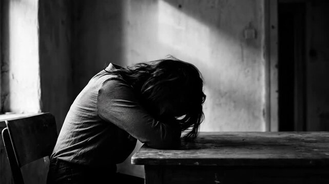 Melancholy young woman in distress sitting at a table with her head down, feeling sad and alone in sorrow, black and white footage.