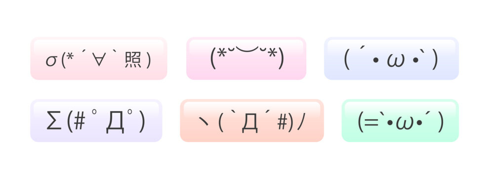 日本のインターネット文化特有の「顔文字（Kaomoji/Emoticon）」が6種類描かれている｜ミルキーピンク、パステルライラック（薄紫）、ピーチシャーベット（薄橙）、アイスミントグリーンの4色系パステルグラデーション展開。 形状は、ぷっくりとした光沢（ハイライト）があり、ガラスやジェルのような質感を持つ立体的な角丸長方形ボタン