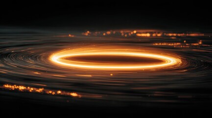 Glowing orange ring swirls over dark water, bokeh lights in distance