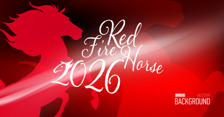 New year card for new 2026 year with red fire horse. Bokeh lights, festive atmosphere. Realistic vector. New year lettering.