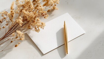 Invitation blank with pen and dried flowers, sunlight