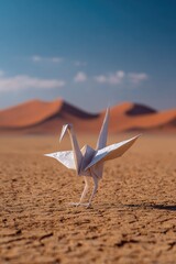 Origami crane on cracked earth before sandy dunes