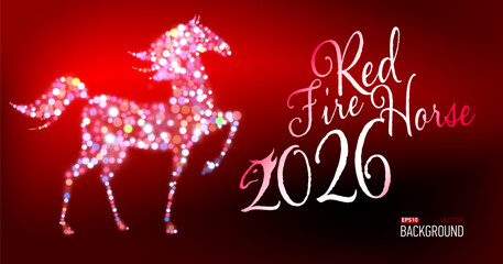 New year card for new 2026 year with red fire horse. Bokeh lights, festive atmosphere. Realistic vector. New year lettering.
