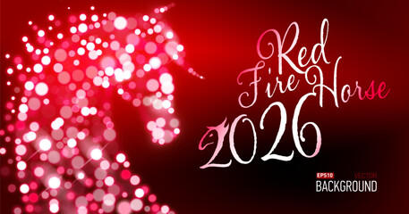 New year card for new 2026 year with red fire horse. Bokeh lights, festive atmosphere. Realistic vector. New year lettering.