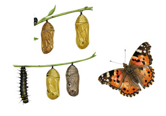 Watercolor painted lady butterfly metamorphosis: spiny caterpillar, chrysalises, vibrant adult on leafy branch, transparent background, natural beauty concept.