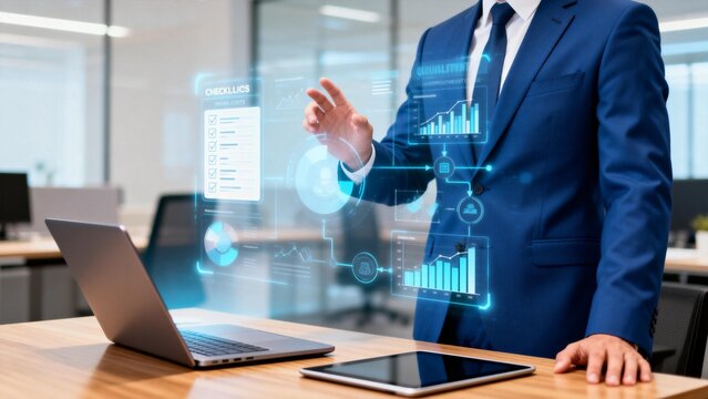 Businessman interacting with digital data interface - Powered by Adobe