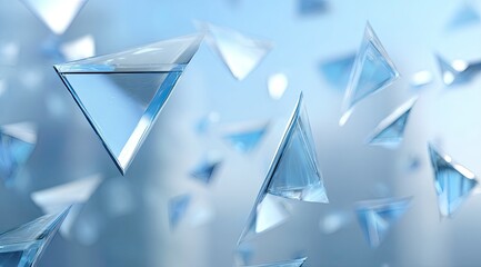 Floating glass triangles abstract, blue blurred background, sharp edges