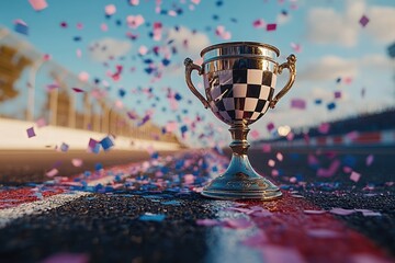 Naklejka premium Golden checkered trophy proudly stands on a confetti-strewn race track, symbolizing ultimate victory and championship success.