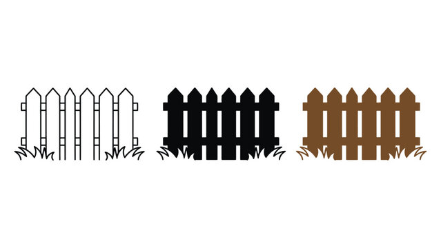 Three different colored wooden fences with grass on a white background