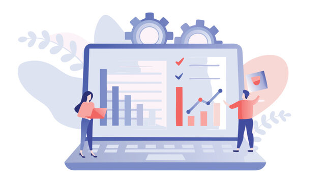 Business professionals analyzing data on large laptop screen with graphs