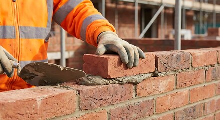 Construction worker building brick wall with trowel and gloves on