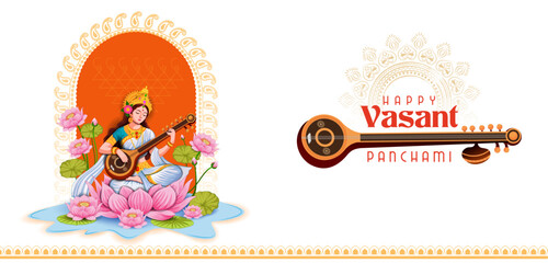 Fototapeta na wymiar vector illustration of Goddess Saraswati for Vasant Panchami Puja of India