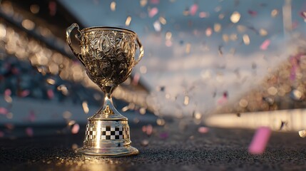 Naklejka premium Ornate golden trophy on a race track with falling confetti, symbolizing ultimate success and championship victory.
