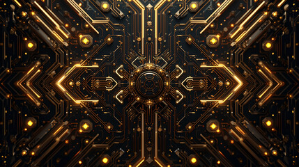 Symmetrical golden electronic circuit pattern with glowing lights, futuristic mechanical background with premium luxury tech feel.