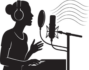 Female singer silhouette recording vocals in studio