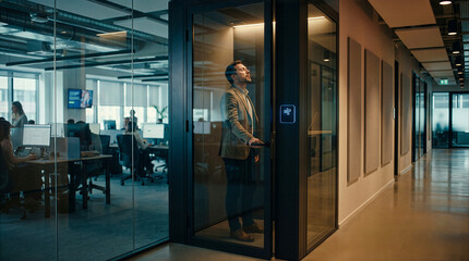 Caucasian businessman standing in soundproof glass privacy pod in modern office, seeking fresh air and focus near ventilation icon, finding relief and quiet space in busy workplace.
