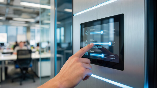 Hand adjusting smart office control panel lighting and ventilation settings on digital touchscreen interface, modern corporate workplace automation technology with blurred background