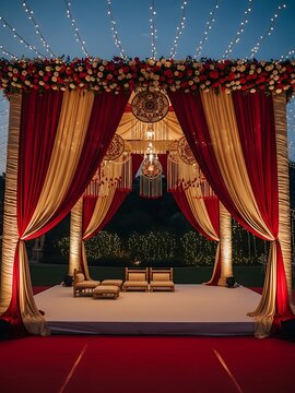 Decorated ceremonial mandap for hindu traditional marriage event scenery