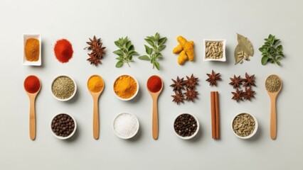 Assortment of colorful spices and herbs arranged on a white surface.