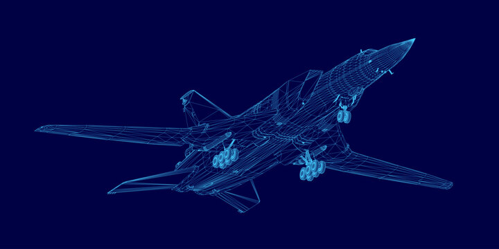 A 3D wireframe model of a military fighter jet is rendered with realistic detail against a solid blue background.