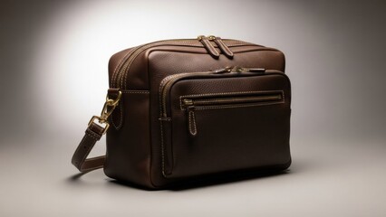 Elegant Brown Leather Messenger Bag with Adjustable Strap and Zippers.