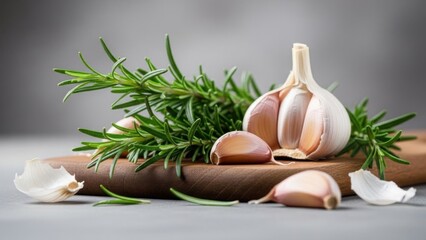 Fresh garlic bulb with rosemary sprigs on wooden board.
