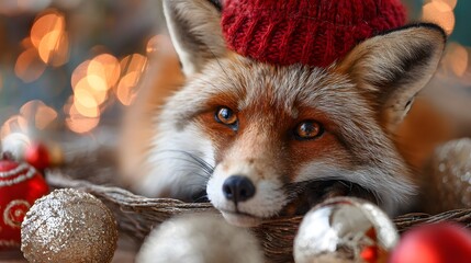 Obraz premium Whimsical Fox with Christmas Cheer: A Festive Portrait of Wildlife adorned with Holiday Ornaments and a Red Knit Hat amid Sparkling Lights, Capturing Yuletide Joy
