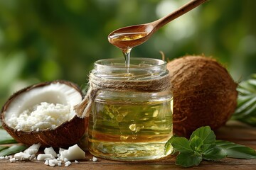 Coconut Oil: A close-up shot of a jar filled with golden coconut oil, a wooden spoon poised to drizzle the oil, and two halved coconuts.