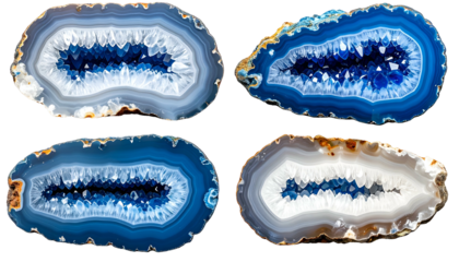 Four cross-sections of geode, displaying a range of blue, white, and brown coloration