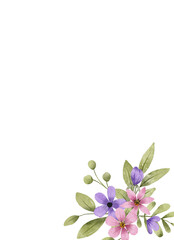 Floral background for greeting cards with watercolor flowers, perfectly for invitations and other printing design. Isolated on white. Hand drawing.	