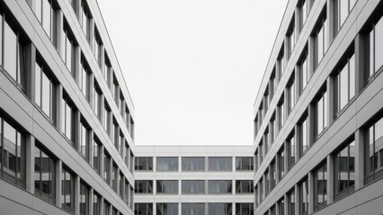 Modern architectural design of a building with symmetrical facade and windows.