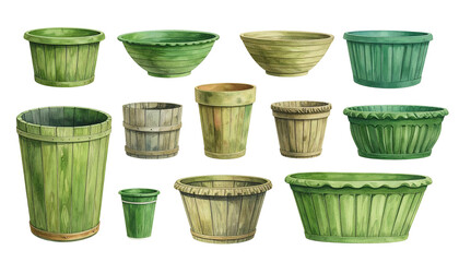 Illustration of various empty green planters, ranging in size and shape