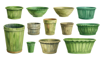 Illustration of various empty green planters, ranging in size and shape