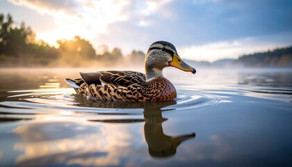Duck swims on a misty river with sunlit trees in background, creating ripples reflecting the sky