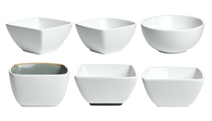 Six white ceramic bowls of varying shapes, arranged in two rows on a transparent backdrop