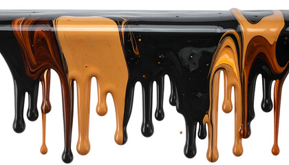 Close-up of glossy paint drips in varying shades of brown, tan, and black against black