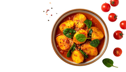 Delicious potato and tomato stew in a bowl with fresh spinach, and tomatoes