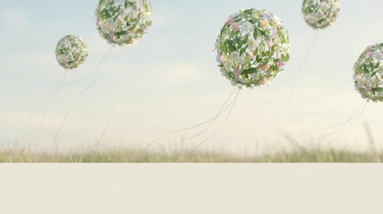 spring balloons formed from flowers and green leaves floating in soft sky background with copy space
