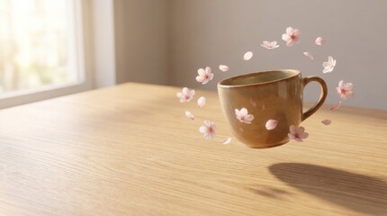 photorealistic floating coffee cup with cherry blossom petals in soft spring light and clean copy space