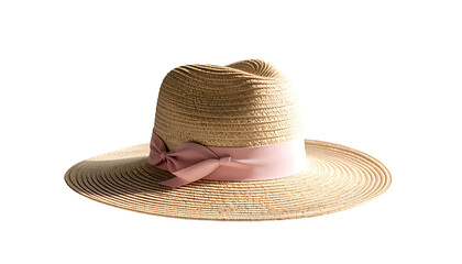 A wide-brimmed straw hat with a pink ribbon against a stark black background