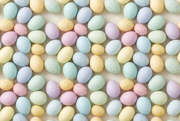 Fototapeta premium Pastel colored Easter eggs festive background. Holiday celebration concept for greeting card. Sweet candies texture design.