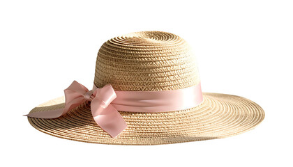 A wide-brimmed straw hat with a pink ribbon sits on a surface, against a black background